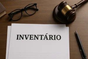 Documento de inventário sendo assinado em cartório com advogado presente