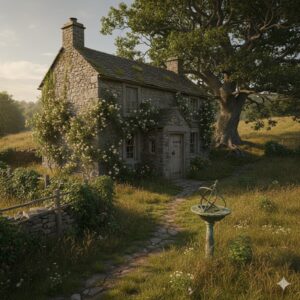 Casa de pedra antiga e rústica, coberta por trepadeiras de rosas em um campo gramado, com um relógio de sol antigo no caminho de pedra. Símbolo visual de Usucapião e posse prolongada de imóvel em área rural.